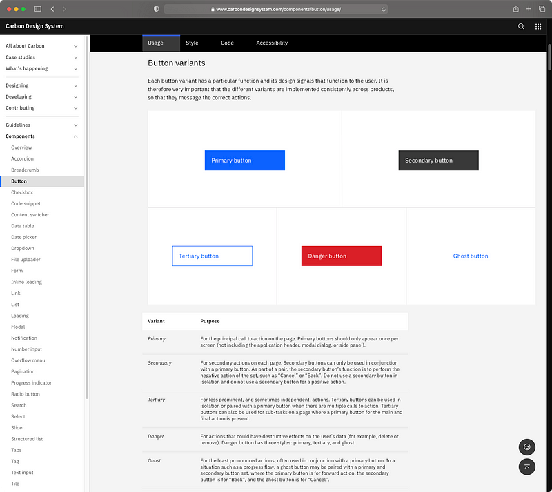 Rich information on buttons in the IBM design system.