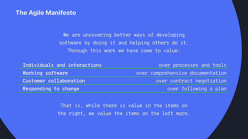 The Agile Manifesto and how it is less rigid than waterfall approaches.