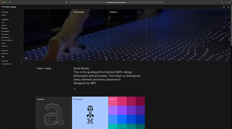 Example of a design system: IBM Design Language. Shows typography and colors detailed on a presentational page.