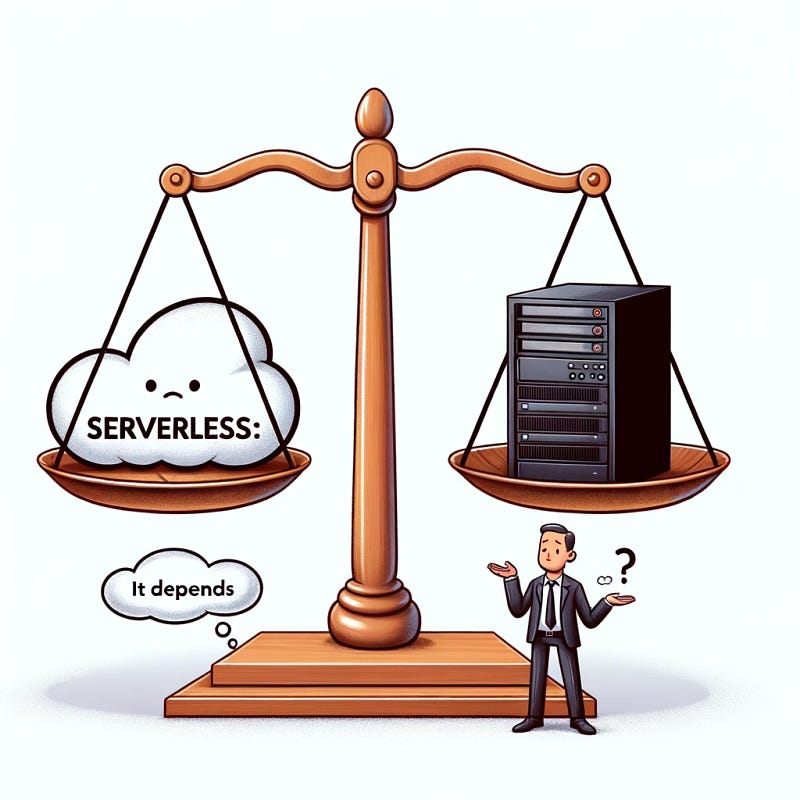 A cloud with the text “serverless” and a server on a scale with equal weight. A man holds out his arms with a question mark near him. There is a speech bubble saying “It depends” coming from the scale.