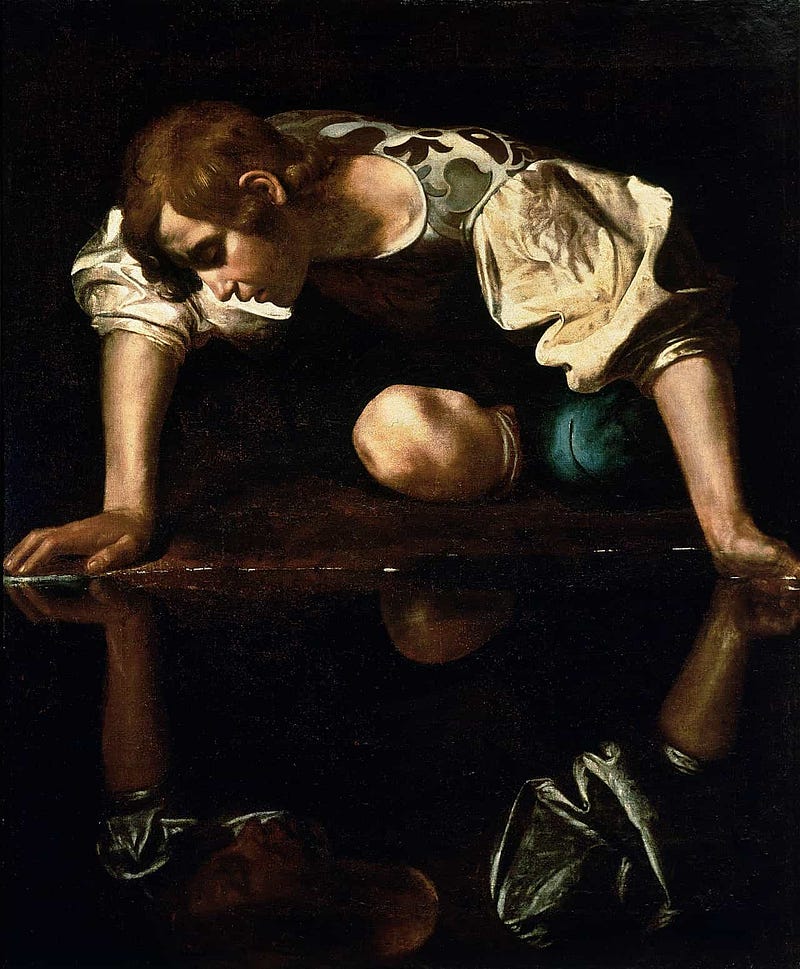 Caravaggio’s painting of Narcissus (from ~1599) looking at his own reflection.